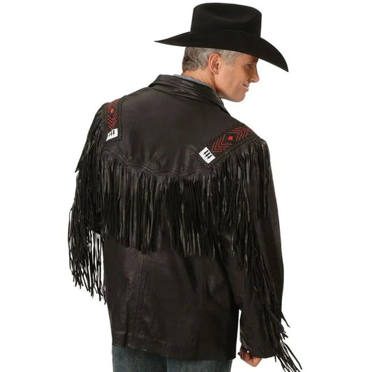 Mens Western Black Suede Fringe Leather Jacket