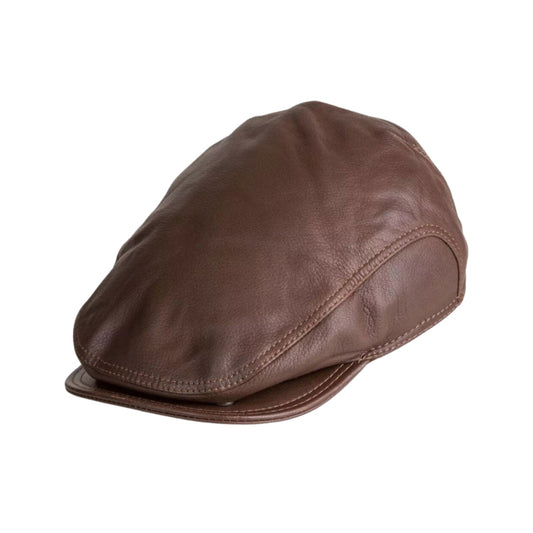 New York Shearling Leather Ivy Cap side profile view showing the brim curve and band detail