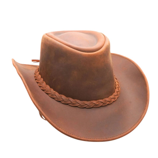 RESISTANCE Premium Full Grain Australian Style Leather Cowboy Hat shown from the front, highlighting the crown and brim shape