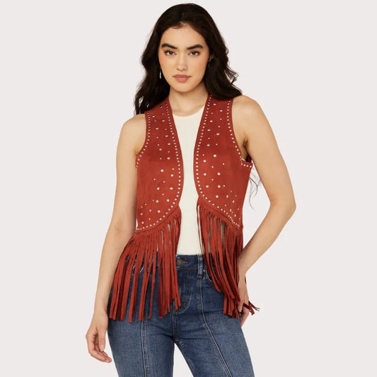 Rock & Roll Denim Women’s Faux Suede Studded Fringe Vest