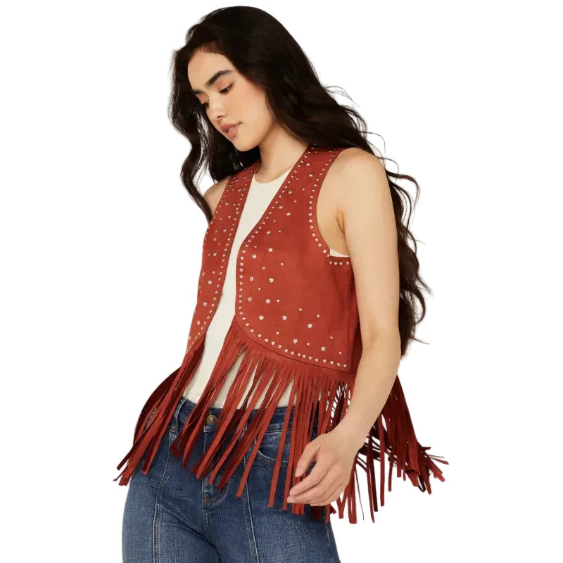 Rock & Roll Denim Women’s Faux Suede Studded Fringe Vest