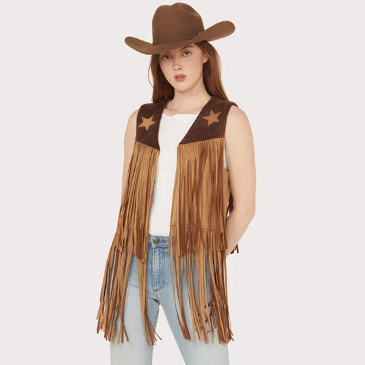 Saints & Hearts Women’s Faux Suede Star Tiered Fringe Vest