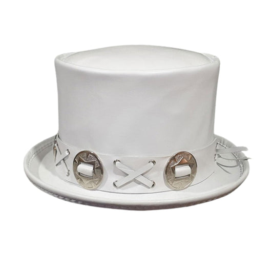 Slash Musician Band White Leather Top Hat shown from the front, highlighting the crown and brim shape