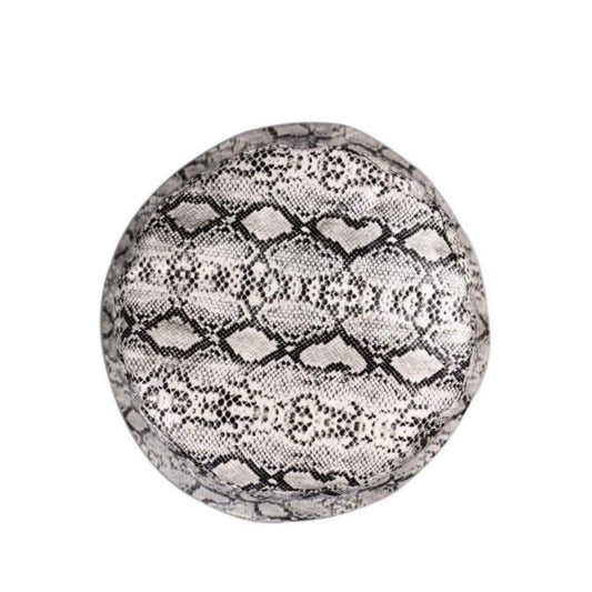 Snake Print Leather Bucket Hat shown from the front, highlighting the crown and brim shape