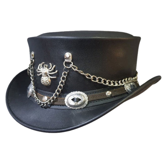 Spiderman Black Leather Western Short Top Hat shown from the front, highlighting the crown and brim shape