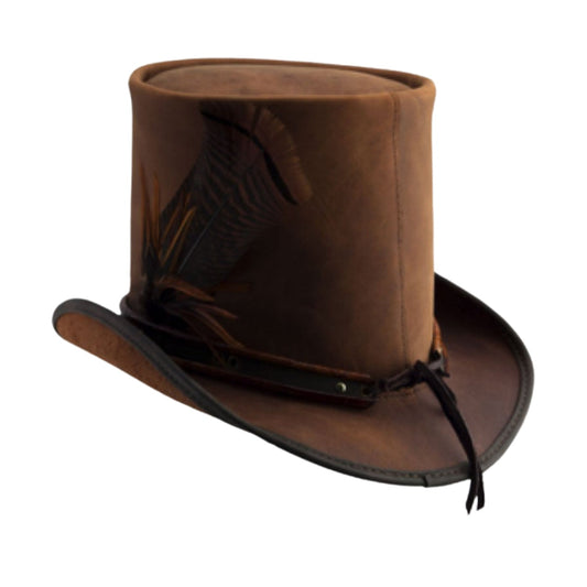 Steampunk Brown Leather Top Hat shown from the front, highlighting the crown and brim shape