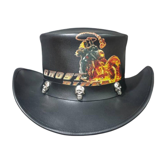Steampunk Ghost Rider Black Leather Top Hat shown from the front, highlighting the crown and brim shape