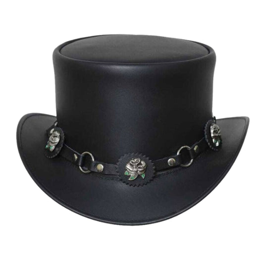 Steampunk Roses Band Black Leather Top Hat shown from the front, highlighting the crown and brim shape