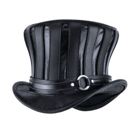 Strip Hat Black Striped Top Hat Leather Striped Hat shown from the front, highlighting the crown and brim shape