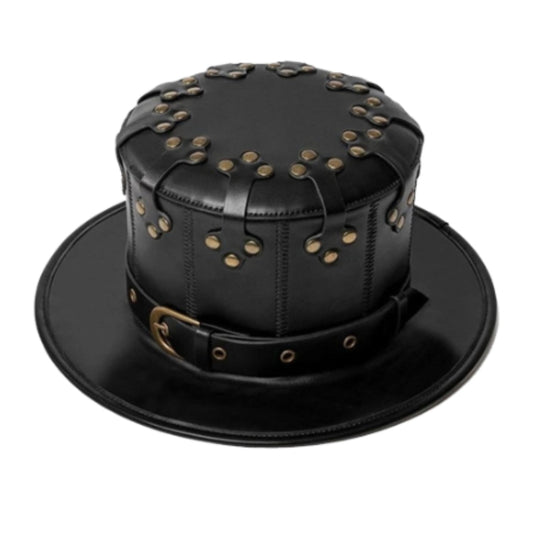 Studded Hat Leather Studded Top Hat Metal Stud Hat shown from the front, highlighting the crown and brim shape