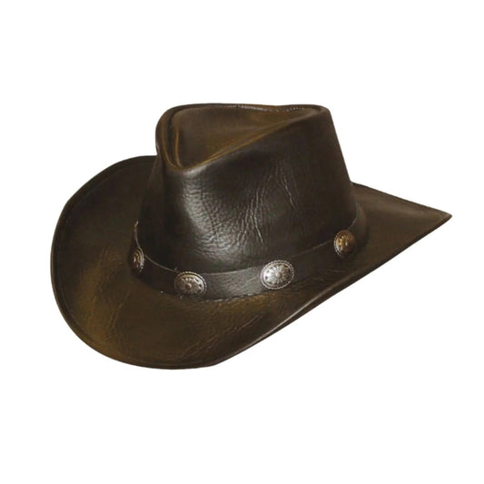 A dark brown leather cowboy hat with a wide brim, a stitched band, and three silver-toned concho-style metal studs, shown on a plain white background.