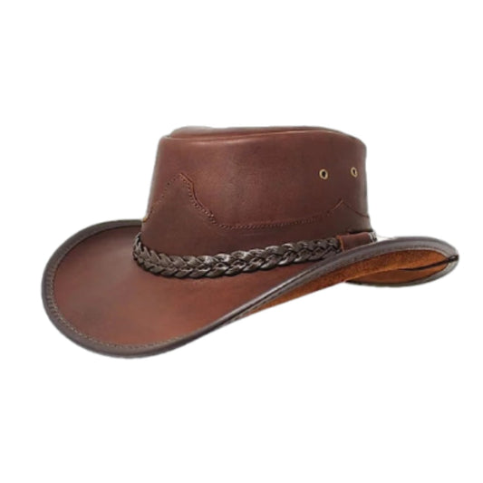 Tombstone Cowboy Hat Tombstone Oiled Buffalo Leather Hat Tombstone Style Cowboy Hats shown from the front, highlighting the crown and brim shape
