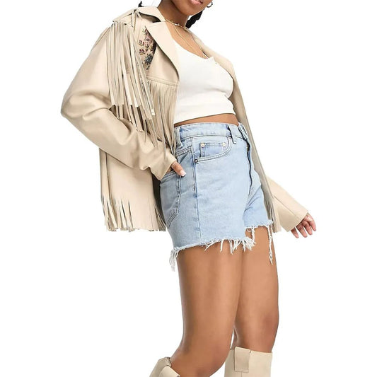 Women embroidered fringe leather jacket