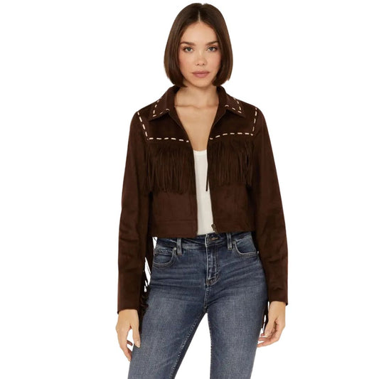 Women’s Suede Leather Contrast Stitch Fringe Jacket