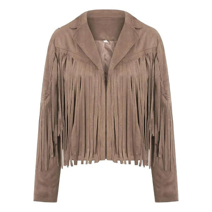 Womens Vintage Cropped Suede Fringe Jacket