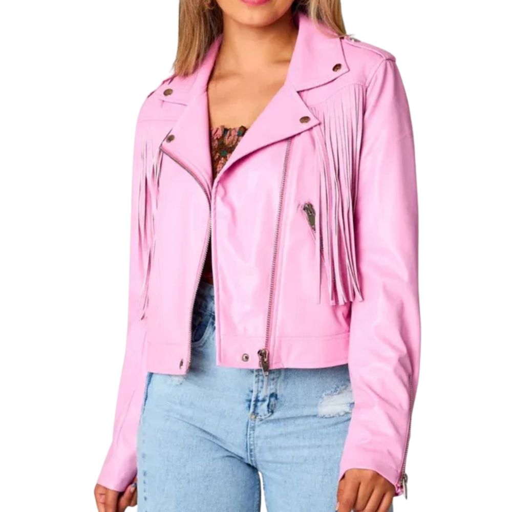 Pink Fringe Vegan Leather Jacket