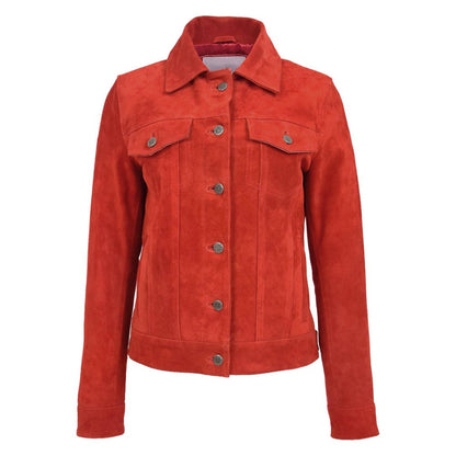 Women Trucker Red Suede Leather Jacket