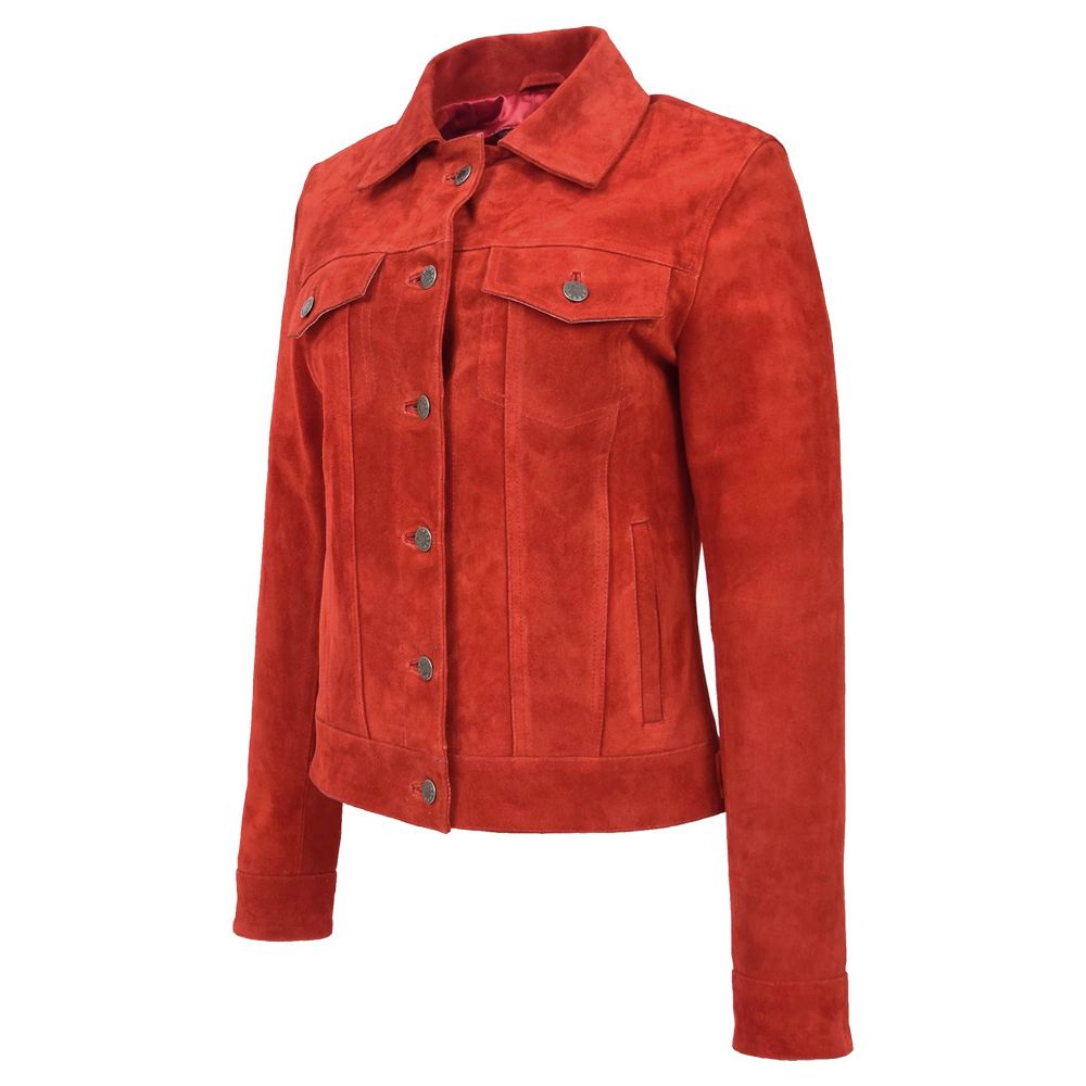 Women Trucker Red Suede Leather Jacket