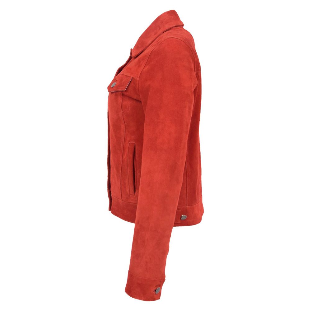 Women Trucker Red Suede Leather Jacket
