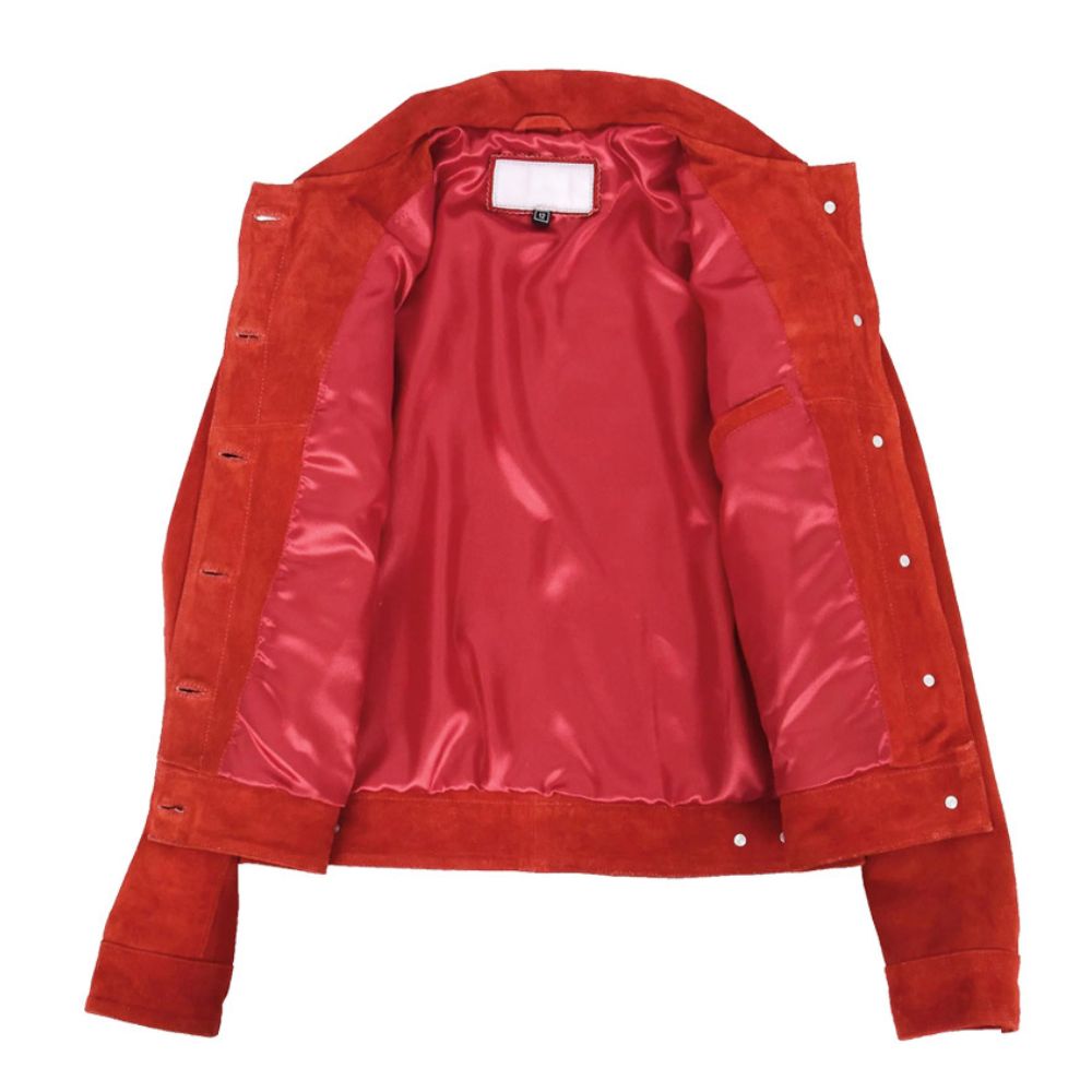 Women Trucker Red Suede Leather Jacket