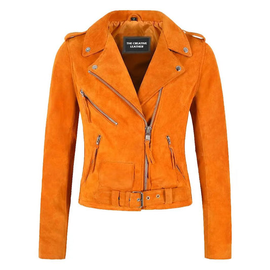 Brando Tangerine Suede Leather Jacket For Women
