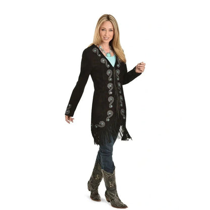 Scully Women’s Embroidered Fringe Long Suede Leather Jacket