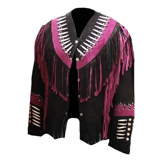 Womens Western Fringed Beaded & Bones Suede Coat