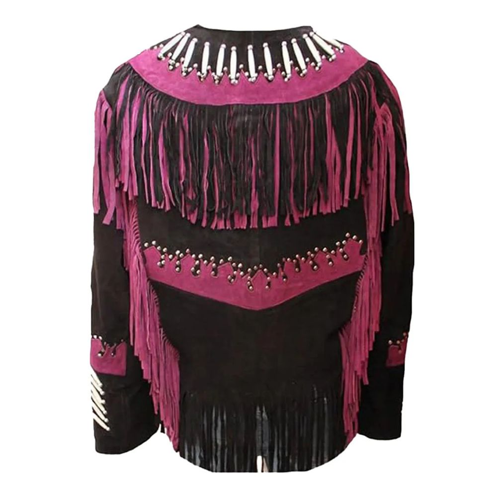 Womens Western Fringed Beaded & Bones Suede Coat