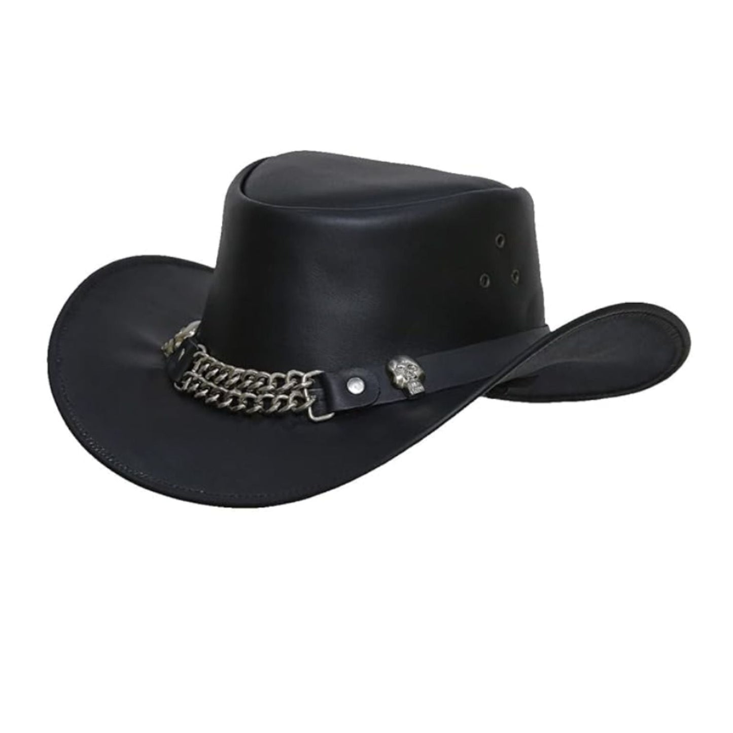 Cowboy Western Cow Hide Top Grain Leather Handcrafted Skull Top Hat front view