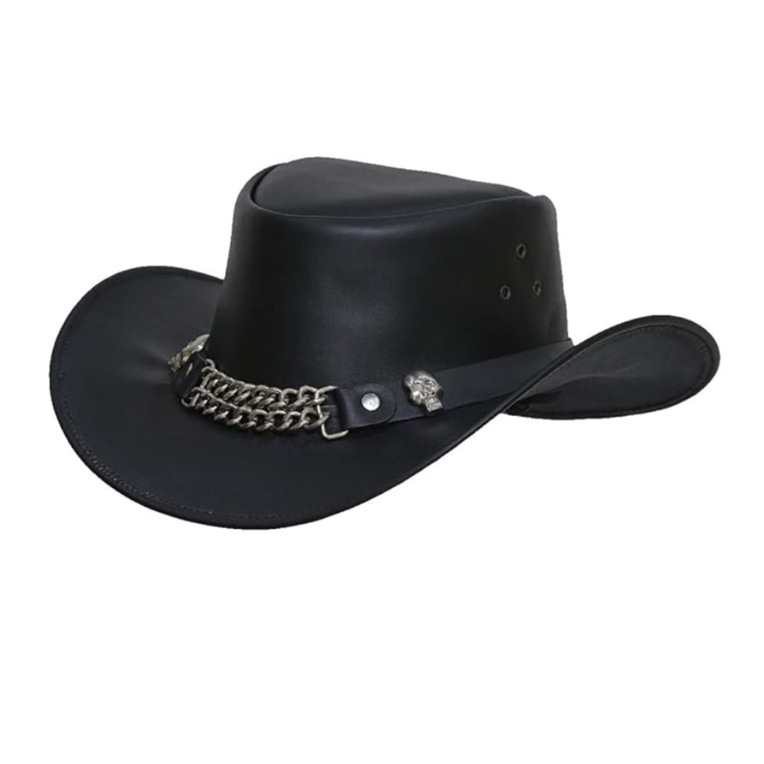 Cowboy Western Cow Hide Top Grain Leather Handcrafted Skull Top Hat front view