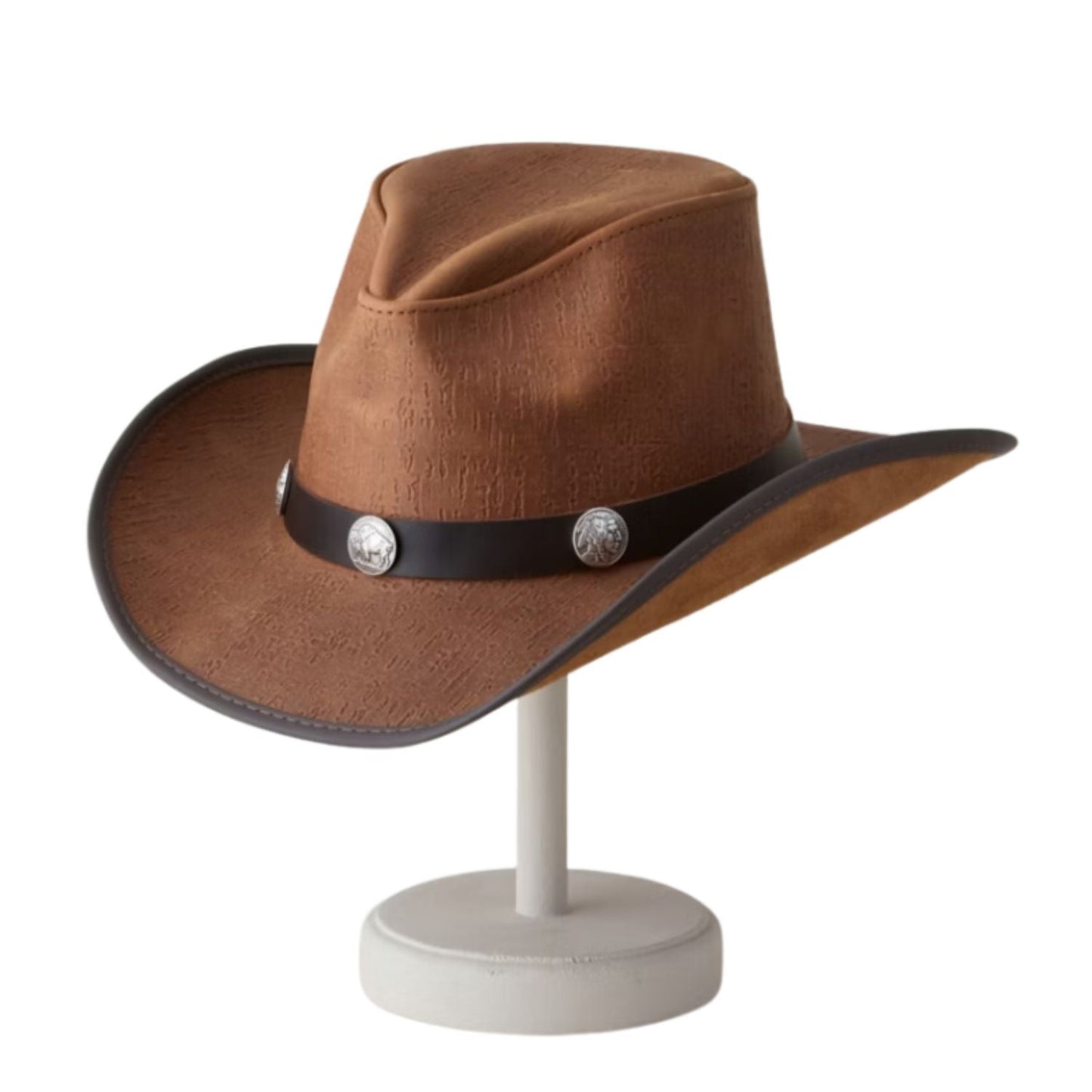 Renegade Leather Cowboy Hat with Buffalo Nickels front view