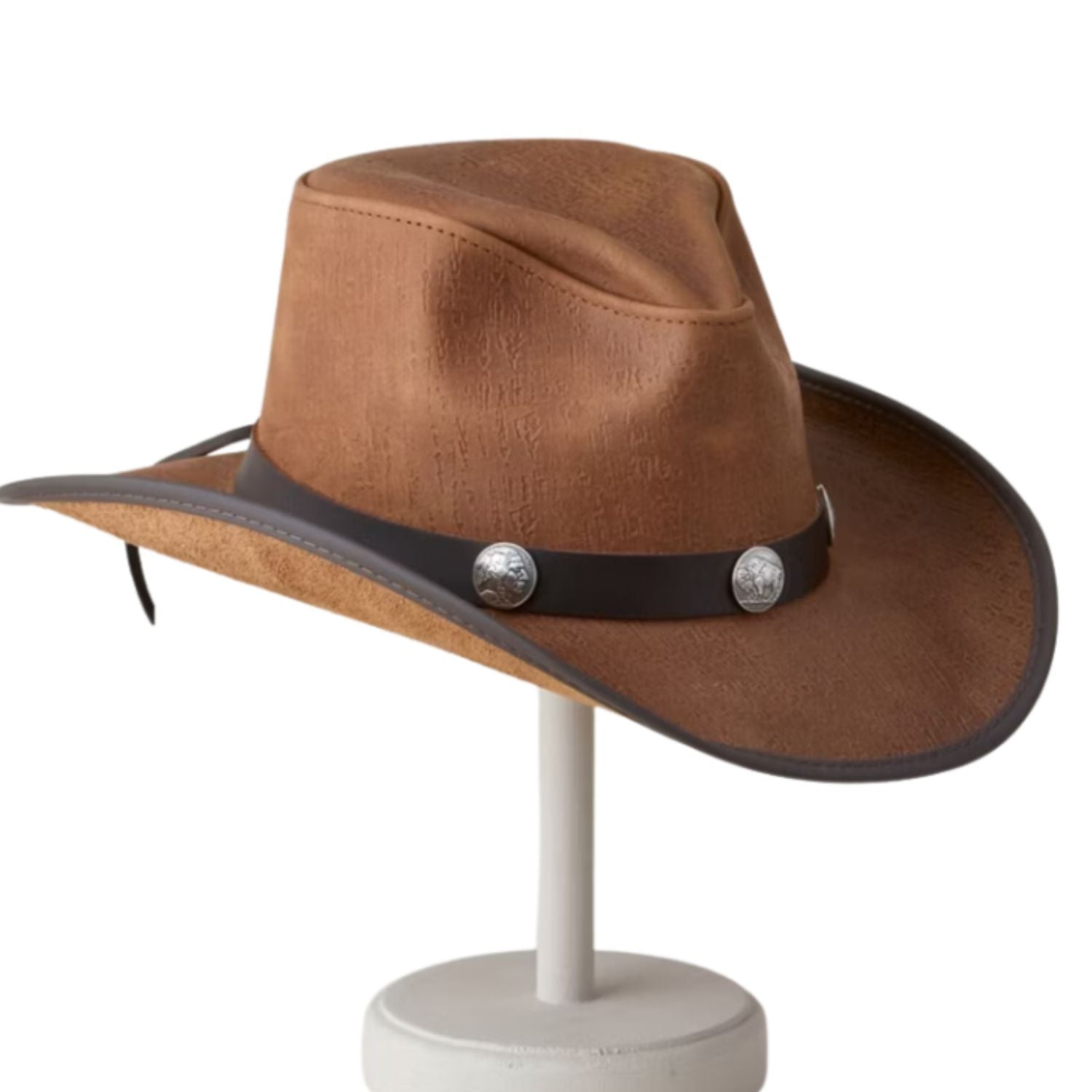Renegade Leather Cowboy Hat with Buffalo Nickels side view