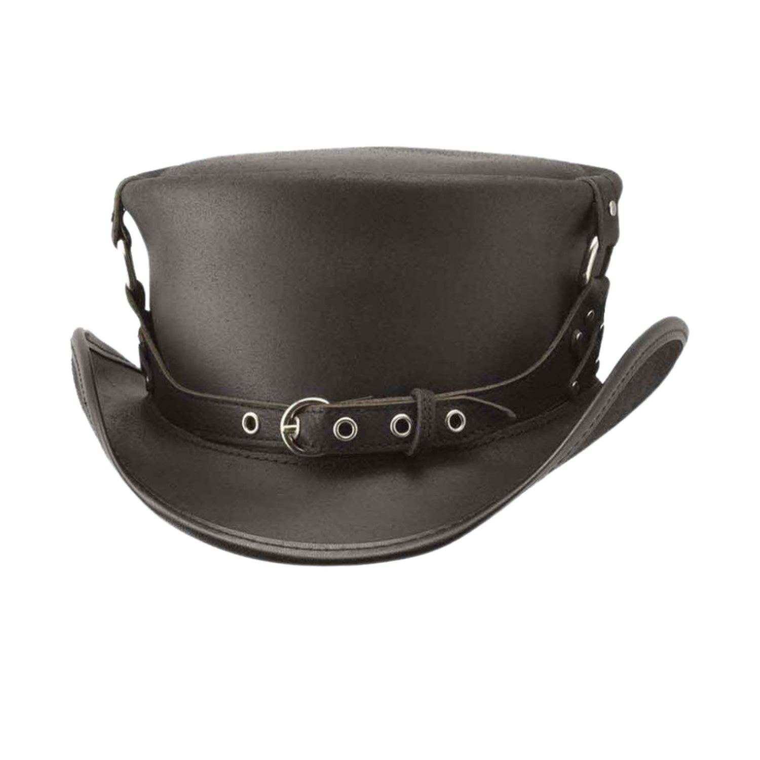 The Suspended Steampunk Leather Top Hat front view