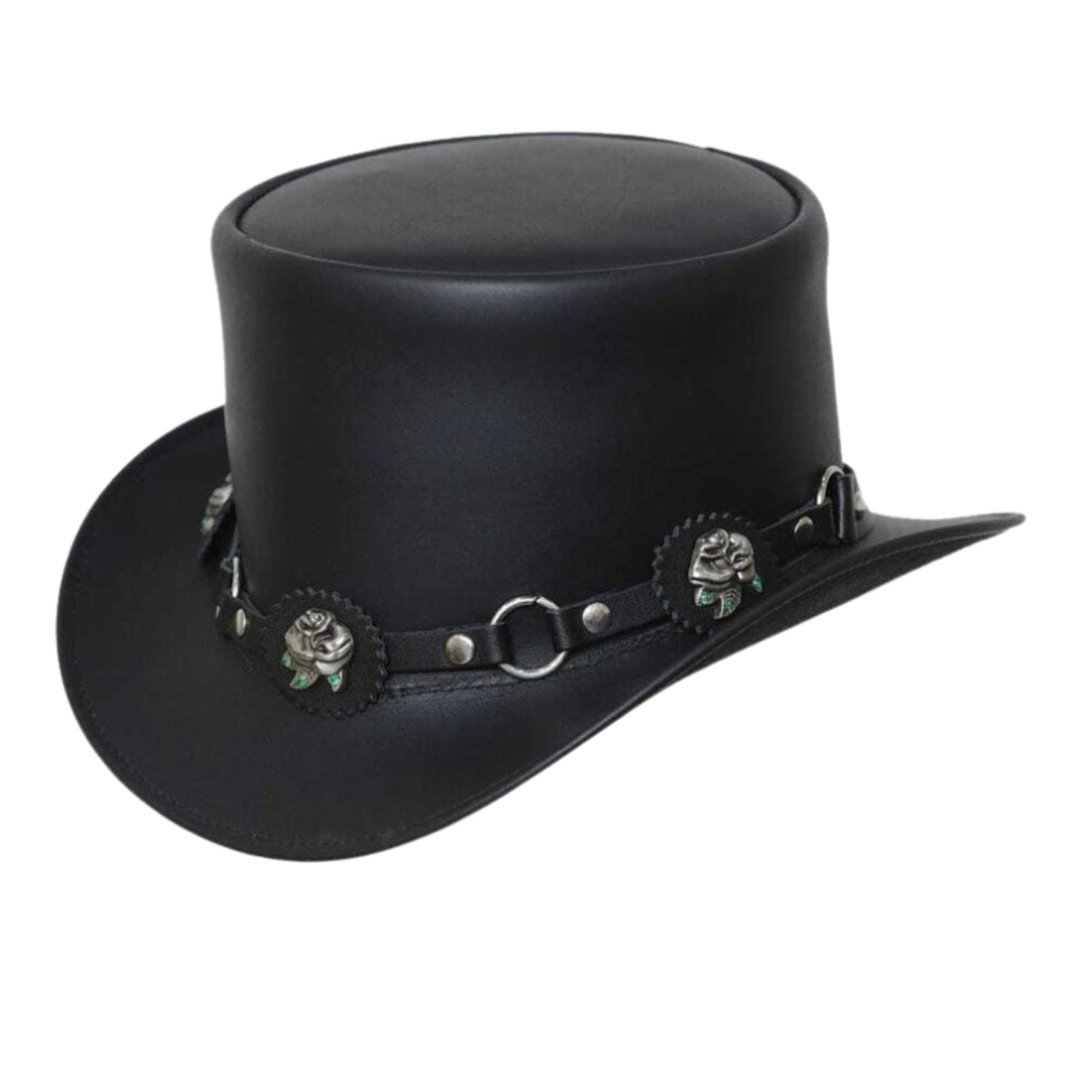 Steampunk Roses Band Black Leather Top Hat side view