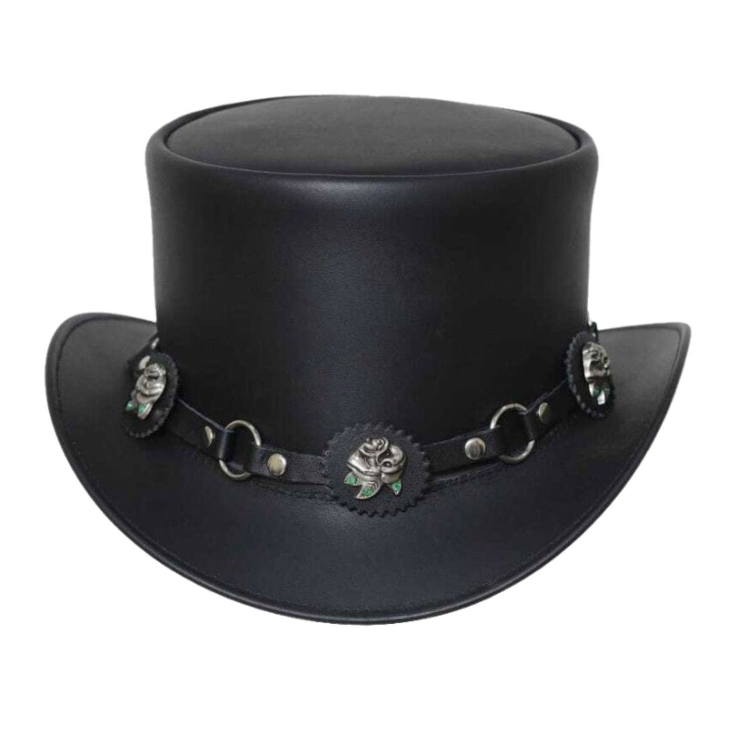 Steampunk Roses Band Black Leather Top Hat front view