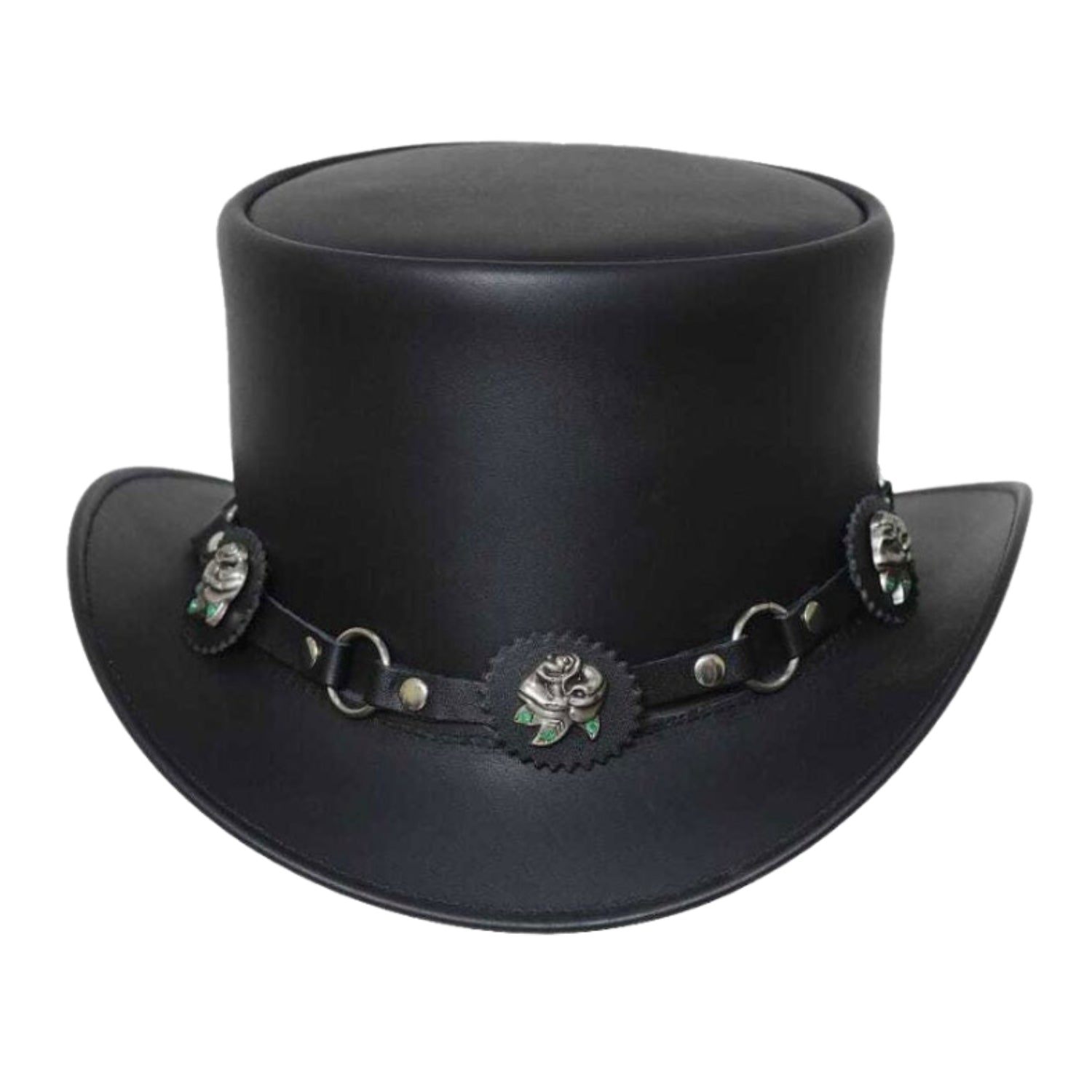 Steampunk Roses Band Black Leather Top Hat front view