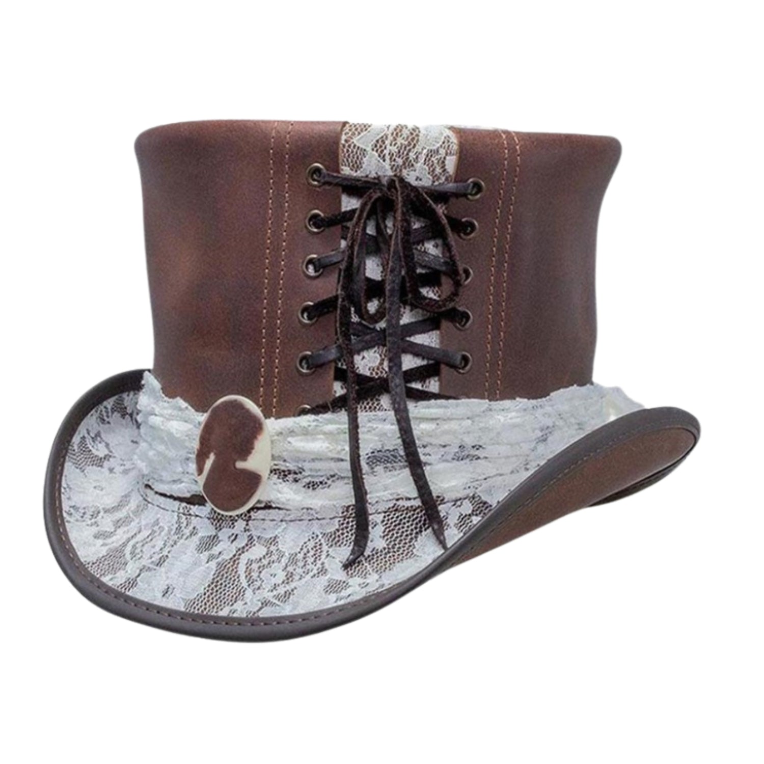 Steampunk White Crusty Band Leather Top Hat front view