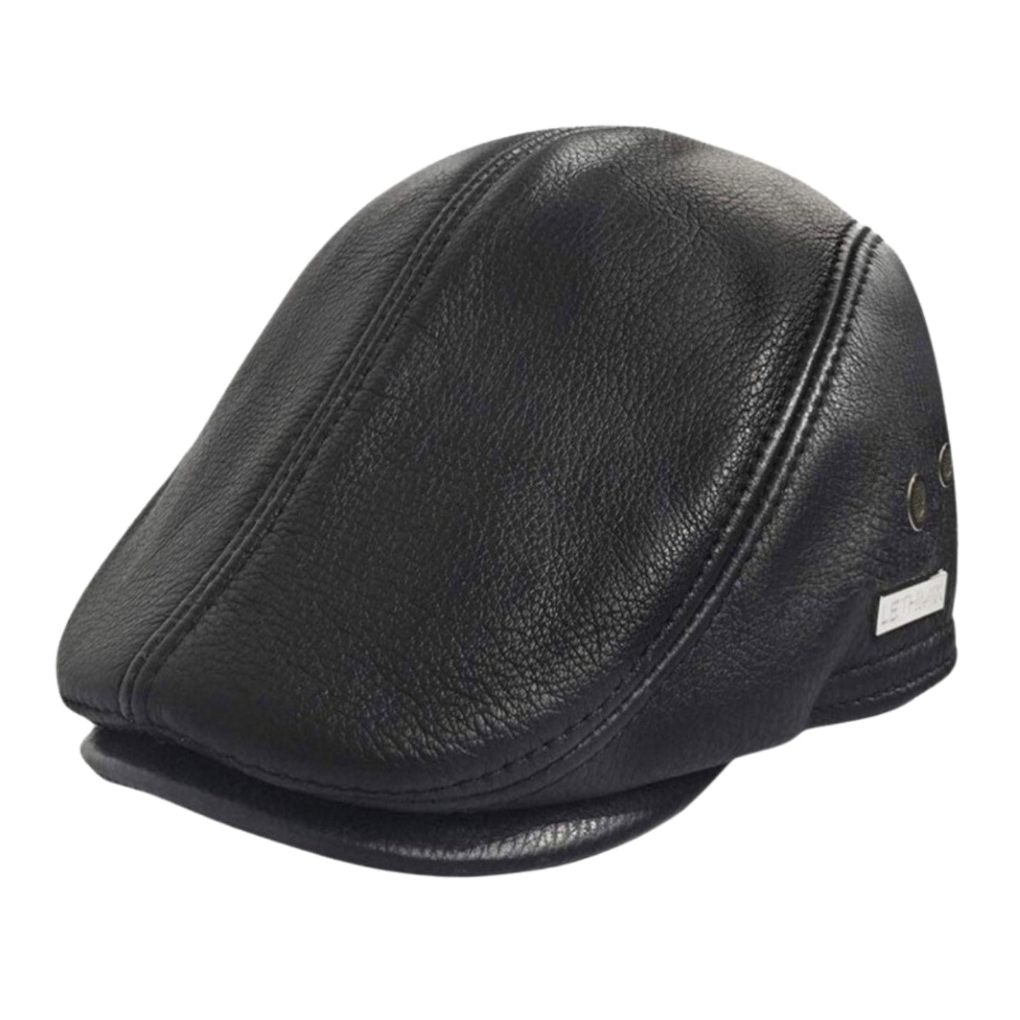Black Genuine Leather Vintage Newsboy Cap Ivy Driving Hat front view