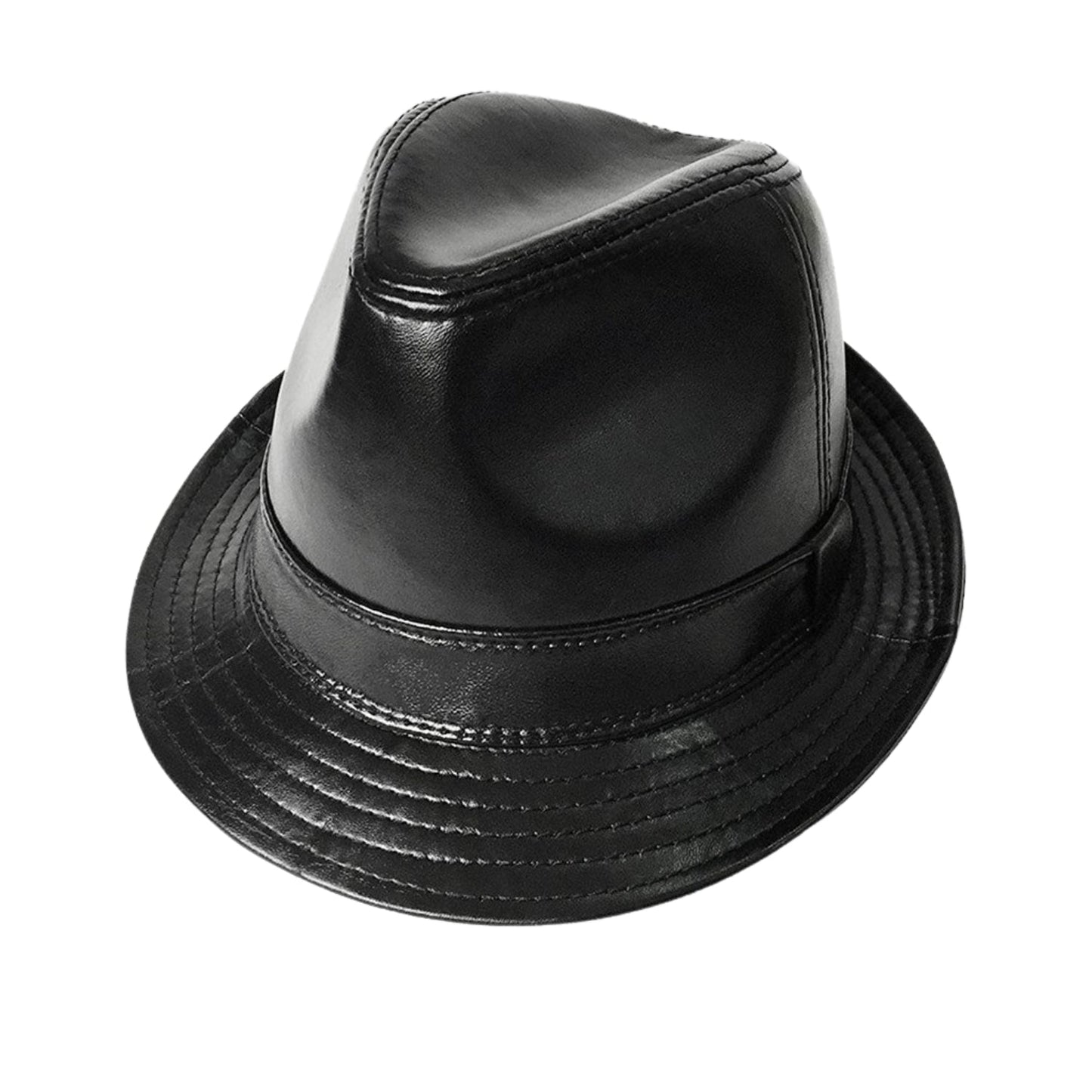 New Black Fedoras Hat Solid Color Lambskin Leather Hat side view