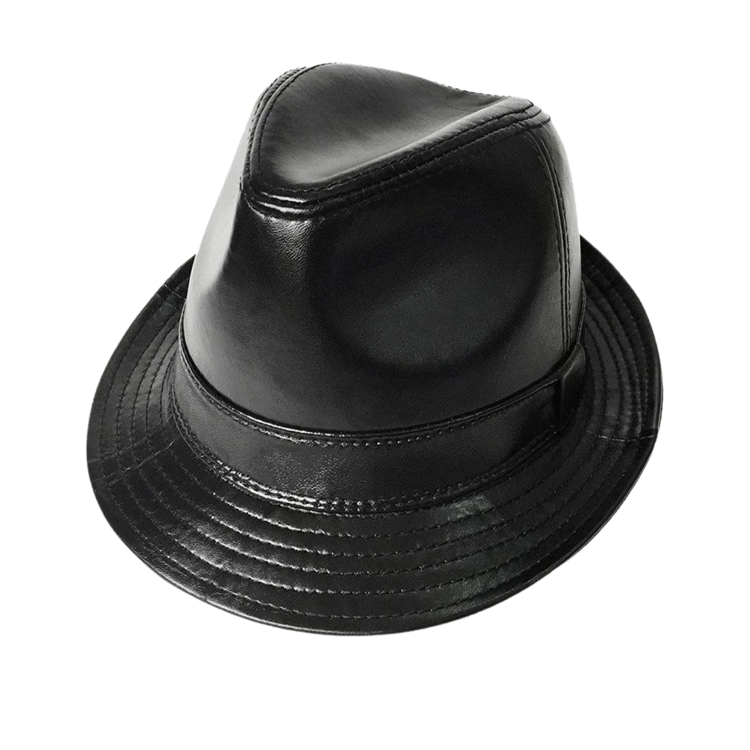 New Black Fedoras Hat Solid Color Lambskin Leather Hat side view