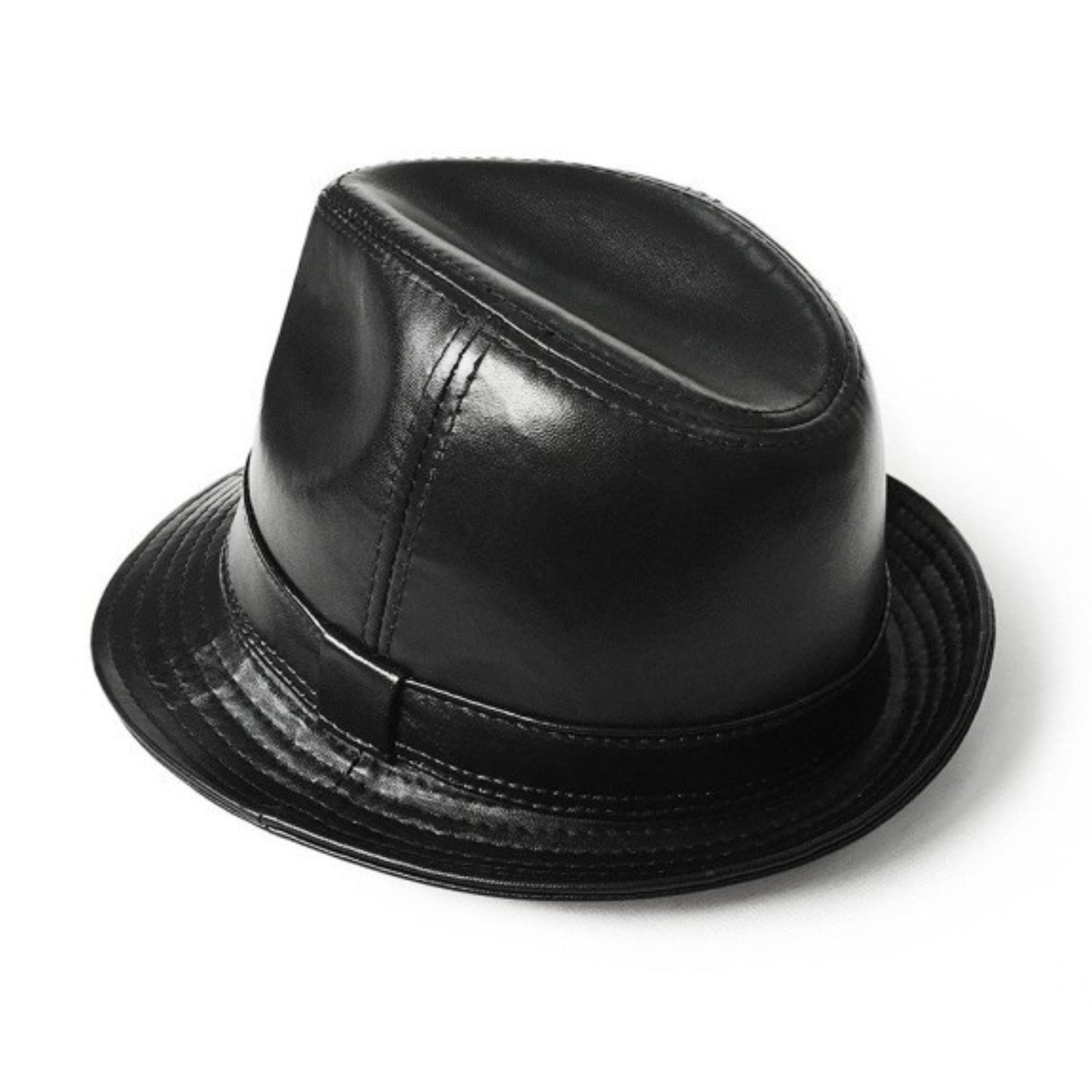 New Black Fedoras Hat Solid Color Lambskin Leather Hat front view