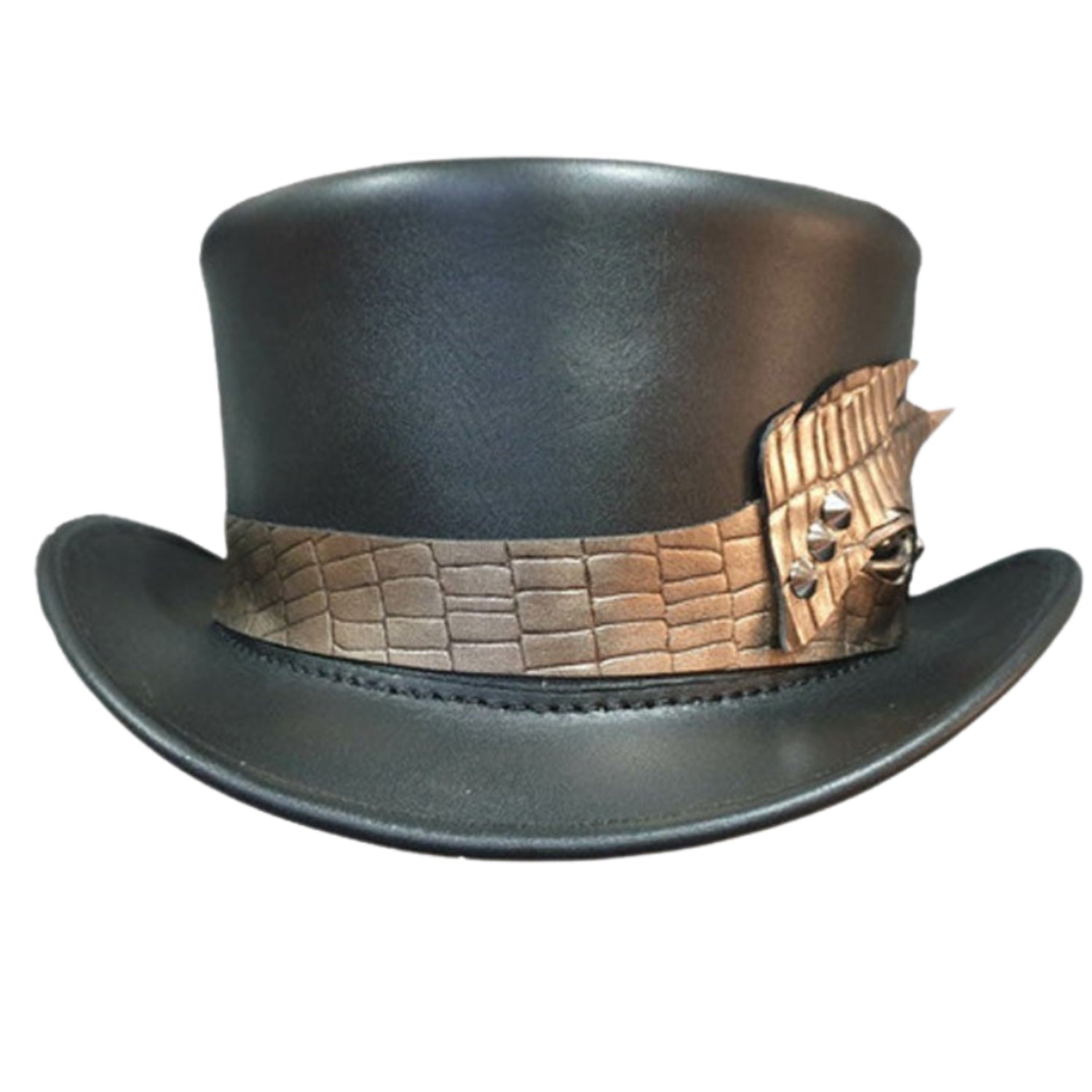 Steampunk Mad Hatter Crocodile Eye Band Leather Top Hat side view