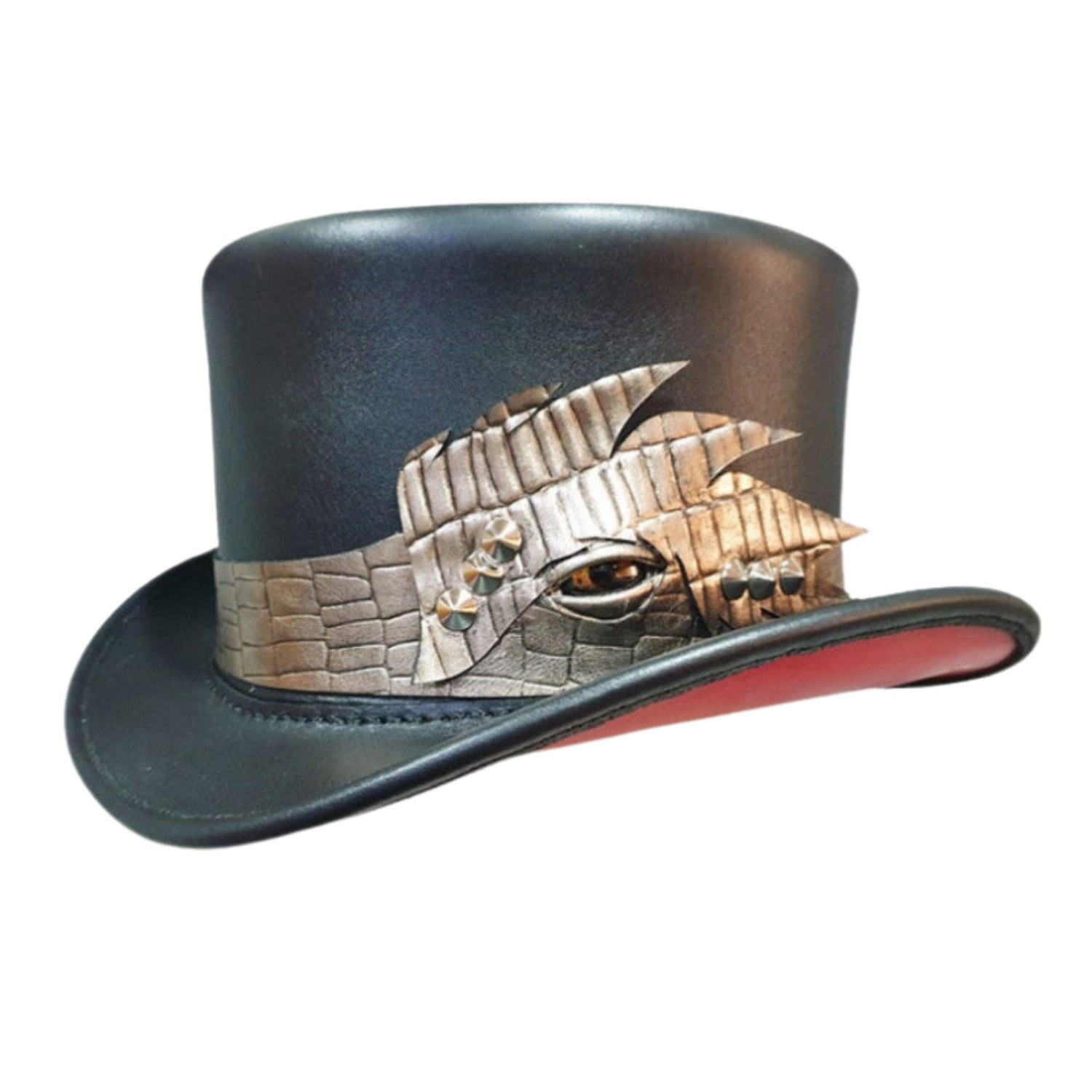 Steampunk Mad Hatter Crocodile Eye Band Leather Top Hat front view
