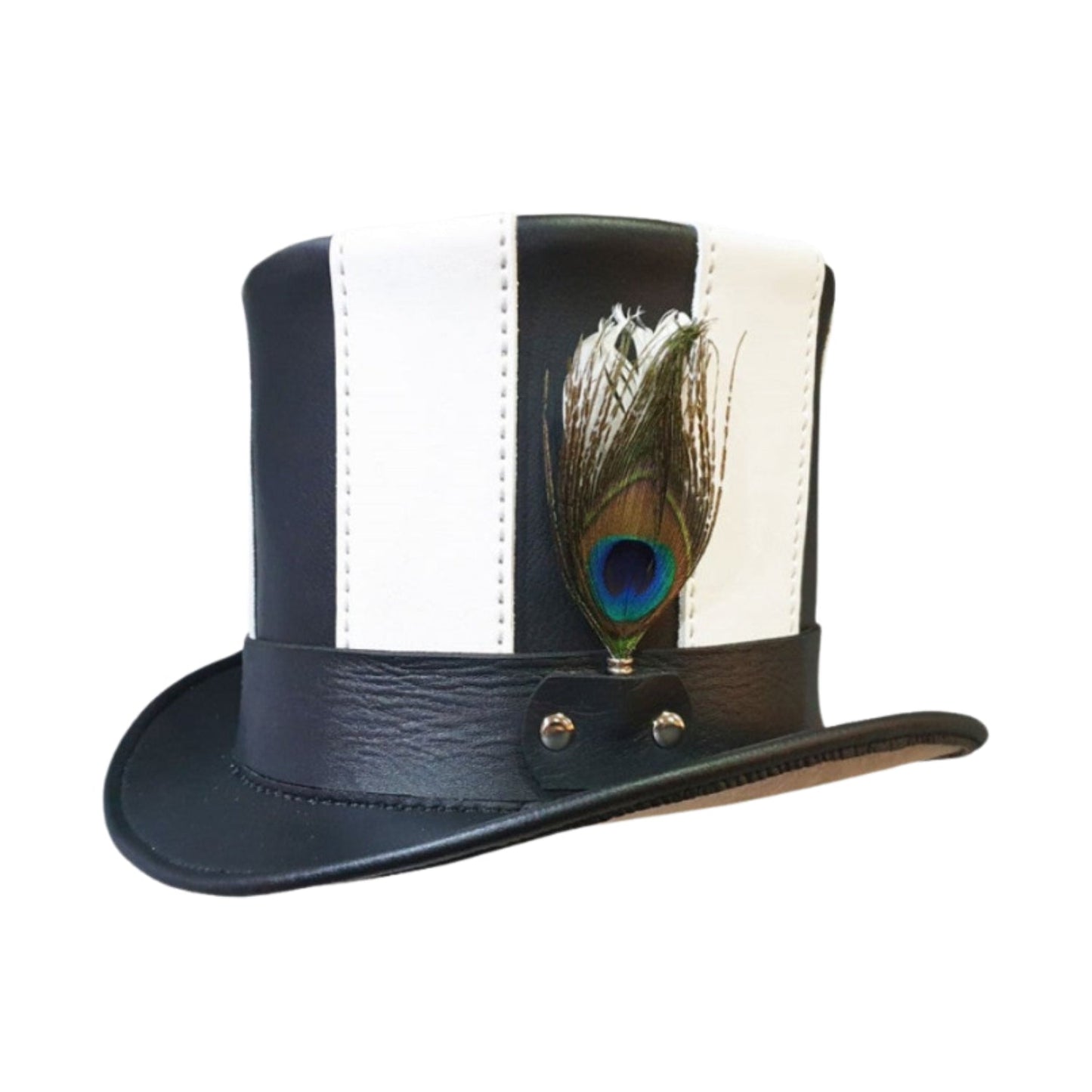 Steampunk Black & White Striped Leather Top Hat front view