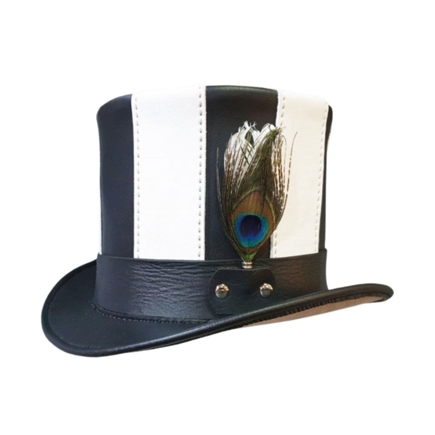 Steampunk Black & White Striped Leather Top Hat front view