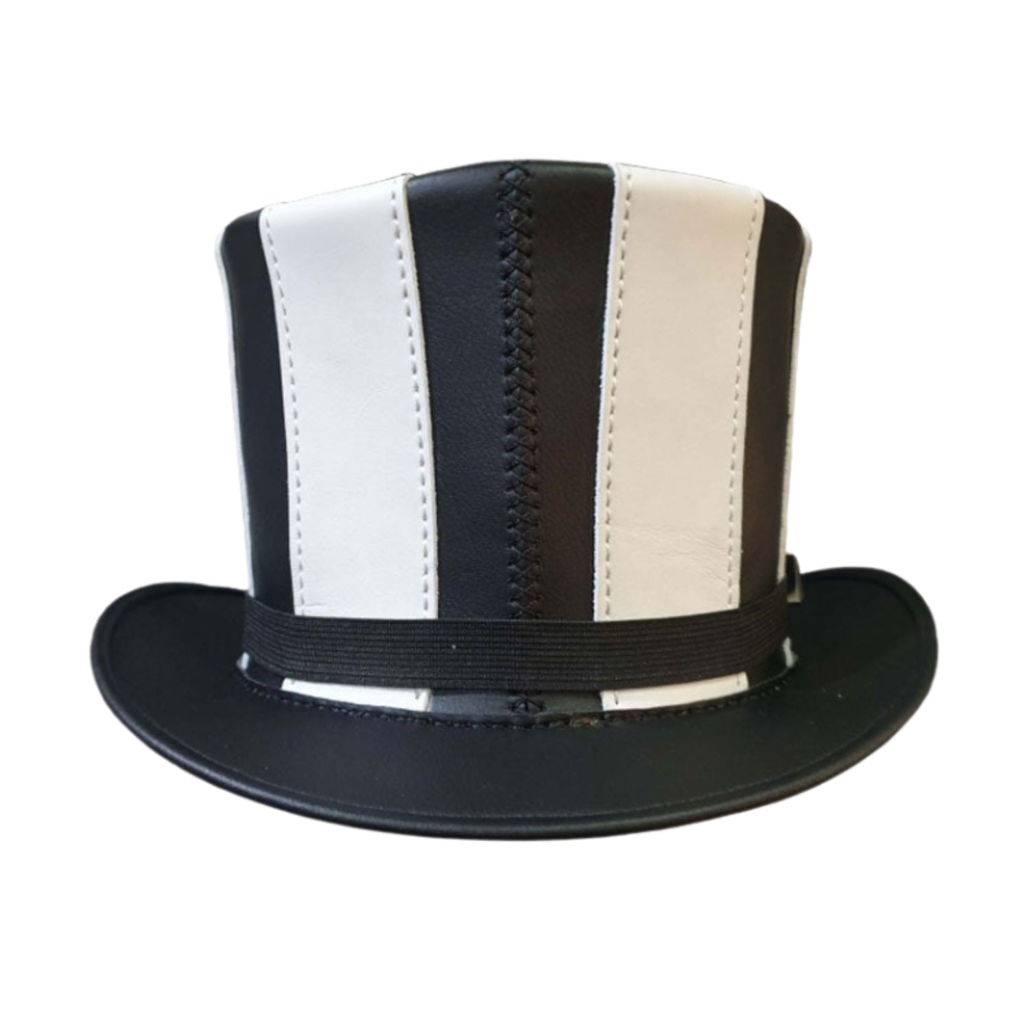 Steampunk Black & White Striped Leather Top Hat side view