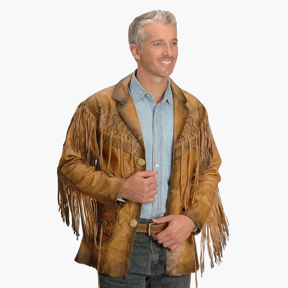 Men Western Suede Fringe Leather Jacket