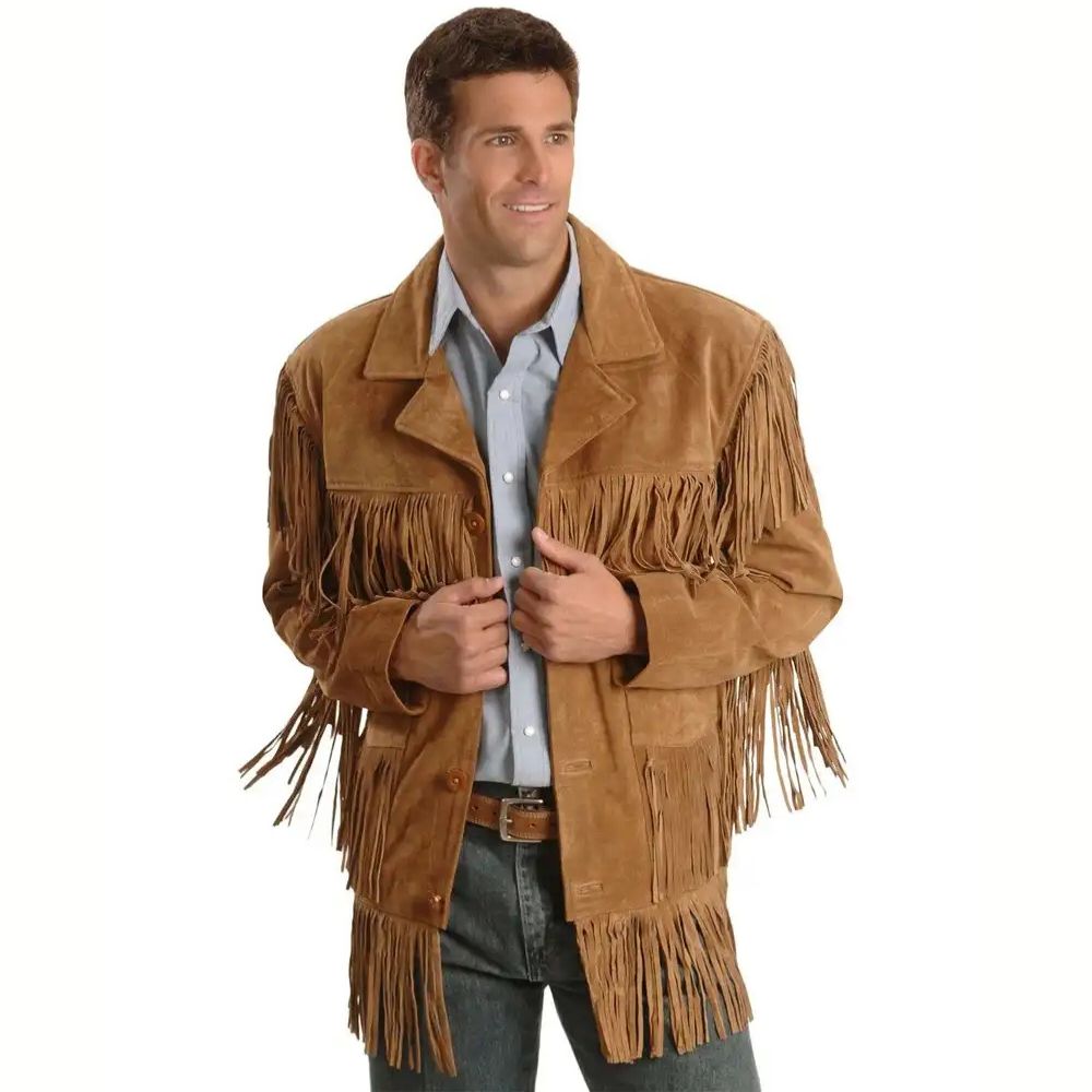 Mens Western Suede Fringe Leather Jacket