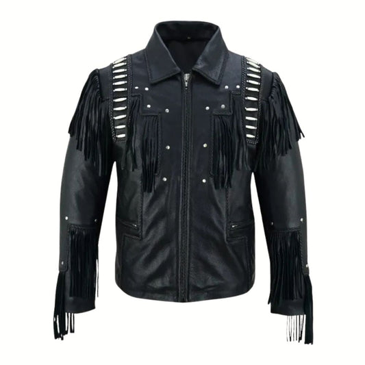 Men Black Studded Fringes White Beads Leather Jacket