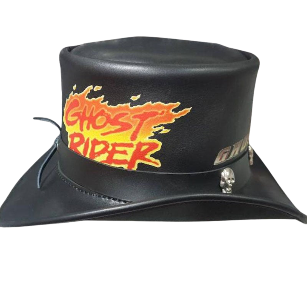 Steampunk Ghost Rider Black Leather Top Hat back view